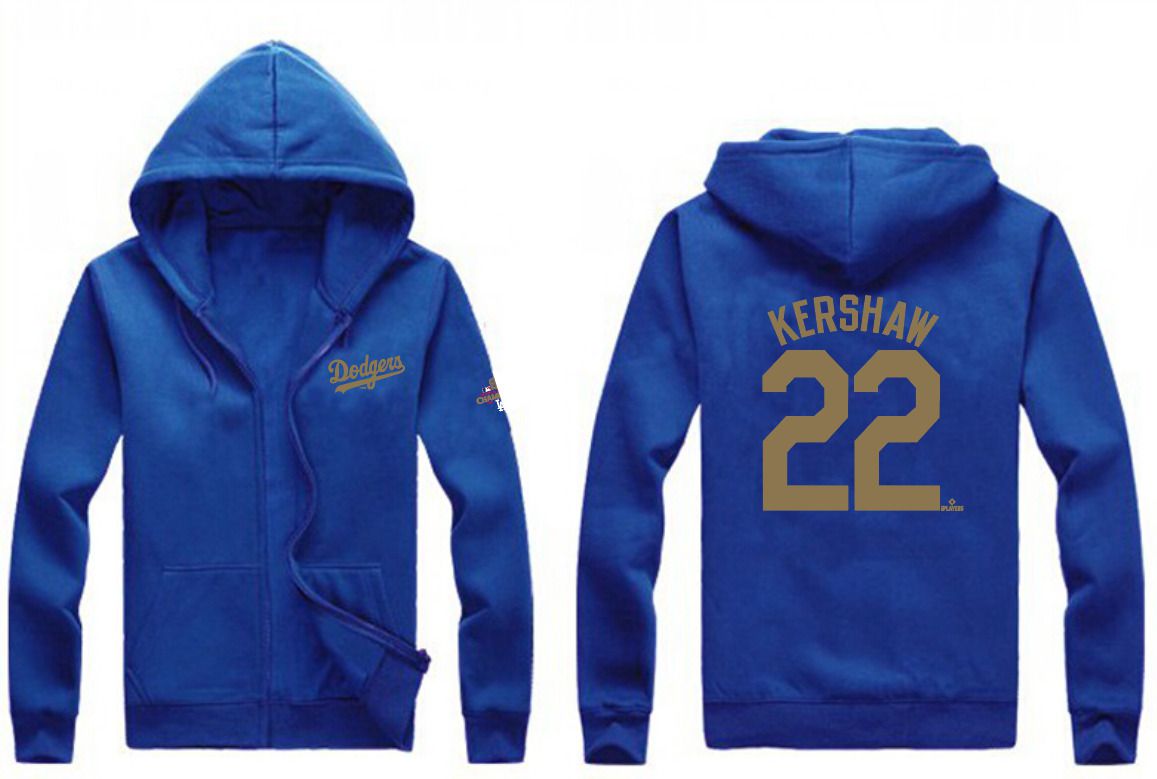 Men Los Angeles Dodgers #22 Kershaw Blue Zipper hoodie 2025 MLB Jersey style 1